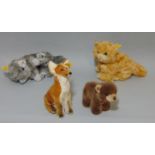 5 Steiff toys: 'Fuchs' sitting fox 33438, 18cm tall, 'Browny' bear 1444/12, 'Possy' the squirrel