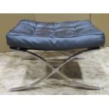 A Barcelona style X framed chrome stool with strap and buttoned faux leather seat, 61 cm x 58 cm