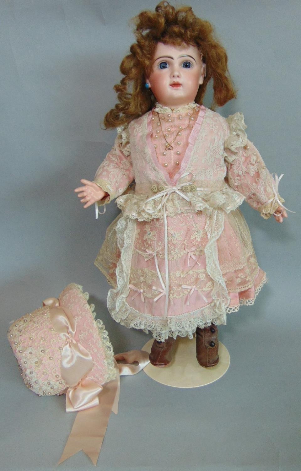 Bisque head doll with faint Jumeau makers mark and number '8' in red; fixed blue eyes, closed mouth, - Image 5 of 6