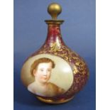 Good quality 19th century cranberry type glass scent bottle with central hand painted panel of the