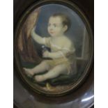 19th century school - Full length portrait miniature of a seated baby holding a flower in a window