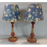 Pair of unusual painted column table lamps with polychrome floral panels, 30 cm high