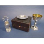 A Victorian silver communion set comprising chalice with hexagonal stepped base, circular paten with