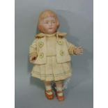 A small German all-bisque doll, unmarked, probably by Gebruder Heubach, with jointed 5 piece body,
