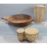 Tribal interest - a large unusual carved softwood bowl together with two drums one with vellum the