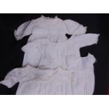 5 vintage white cotton baby gowns including a long Christening gown with handmade lace trim and a