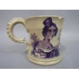 19th century coronation mug of waisted form with scrolling handle and printed purple decoration