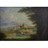 19th century British school - Study of Chepstow Castle from the river with sailing vessel, oil on