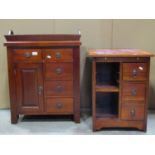 A low contemporary hardwood side cupboard partially enclosed by a slender fielded panelled door