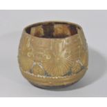 Interesting African treen and brass overlaid cup with geometric shell and heart detail, 8.5 cm high