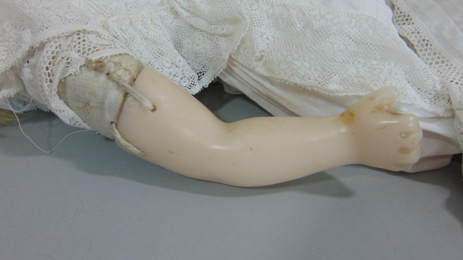 Early bisque shoulder- headed doll by Armand Marseille with soft body and wax lower limbs, blue - Image 4 of 5