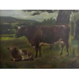 19th century British school - Study of a cow and a calf in a landscape setting, oil on canvas,