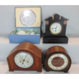 19th century black slate mantle clock together with two further vintage mantle clocks and a cased