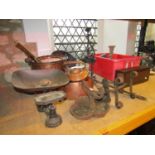 A collection of 19th century and later metalware etc to include a large long handled frying pan, two