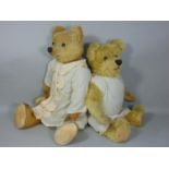 2 vintage teddy bears both with boot button eyes, stitched mouth, nose and claws, pronounced nose,