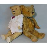 2 old bears; 1930's teddy bear, probably Chiltern with worn fur, straw stuffing, small glass eyes