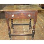 18th century oak side table, the overhanging top above a single frieze drawer on turned supports, 76