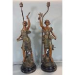 Pair of French spelter figural lamps both of maidens, the figures 57 cm high