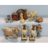 A mixed lot to include a fruitwood lidded box, the top carved with a rabbit, unusual pig made of