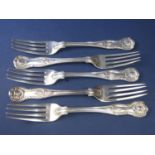 Five Victorian silver Kings Husk pattern table forks, maker Chawner & Co, London 1856 and 1859, 16oz