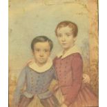 19th century school - Half length study of two boys, both in buttoned bodices and white collars,