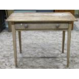 A 19th century stripped pine side table, the boarded top with cleated ends over a frieze drawer