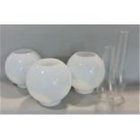 Collection of three glass oil lampshades and two flues (5)