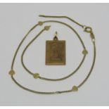 9ct rectangular pendant depicting a nude female figure, together with a 9ct fine link necklace (af),