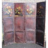 A 19th century leather four fold screen of full height with hand painted floral bouquet detail,