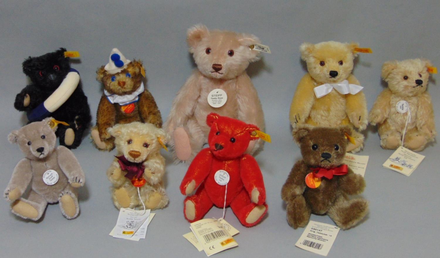 9 small Steiff teddy bears, all with pin in ear, includes 'Original' range Clown 29110, Millenium