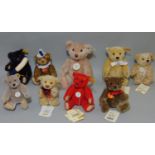 9 small Steiff teddy bears, all with pin in ear, includes 'Original' range Clown 29110, Millenium