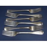 Harlequin set of six George III Irish silver table forks, maker PW & SN, Dublin 1817 and 1818,