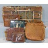 Leatherwork collection including a tribal fringed leather cushion, drawstring leather pouch/ bag,