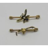 Antique gold fly brooch set with a sapphire and seed pearls and a further 9ct fox mask and riding