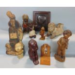 A mixed lot of various treen and other items relating to children to include a tall carved soft