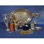 A mixed collection of various silver plated items comprising a pair of secessionist twin handled