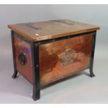 A good quality Arts & Crafts copper and iron framed coal box with hinged lid with exposed