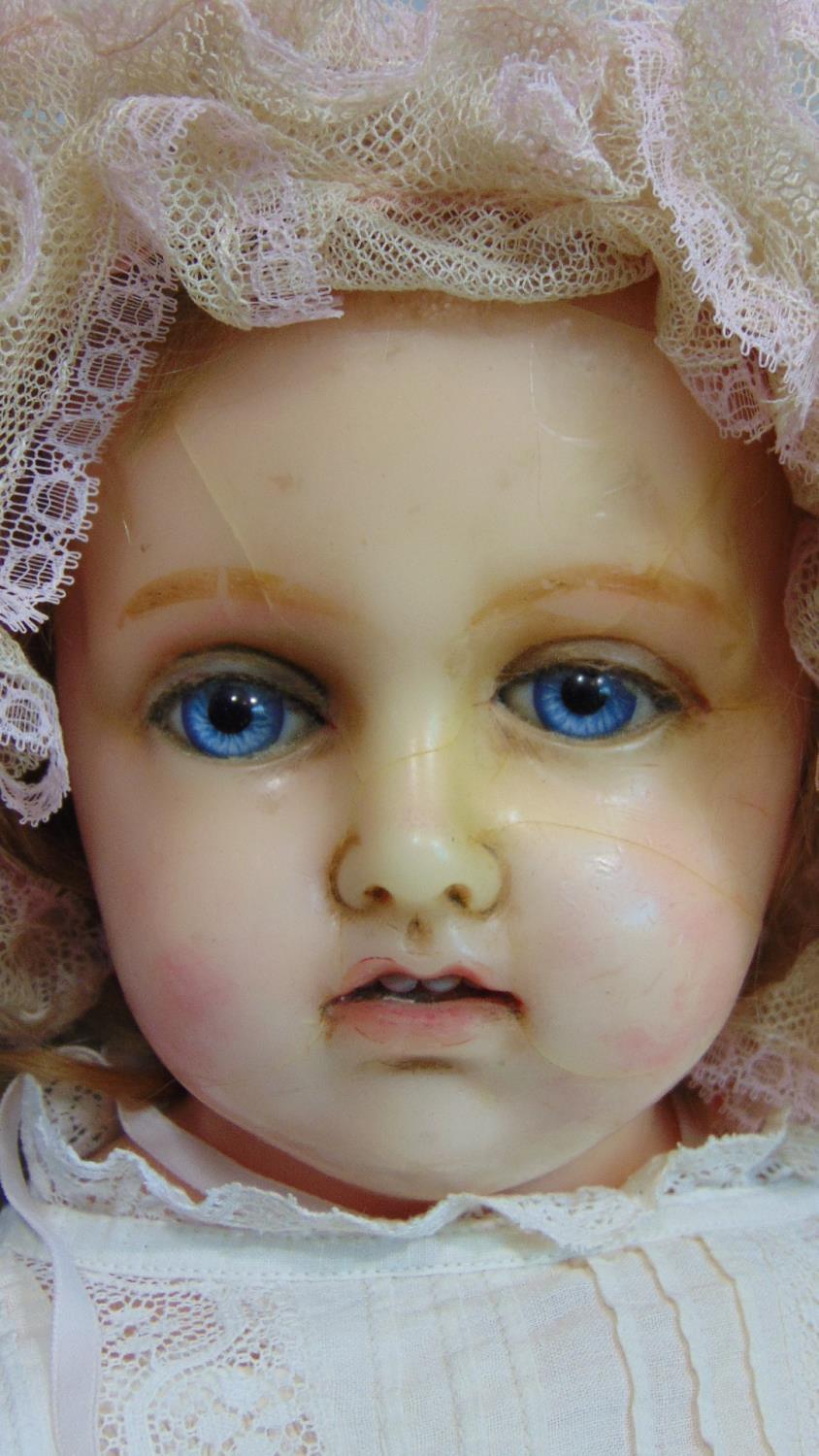 19th century wax over composition shoulder head doll with stuffed soft body and hollow wax lower - Image 2 of 5