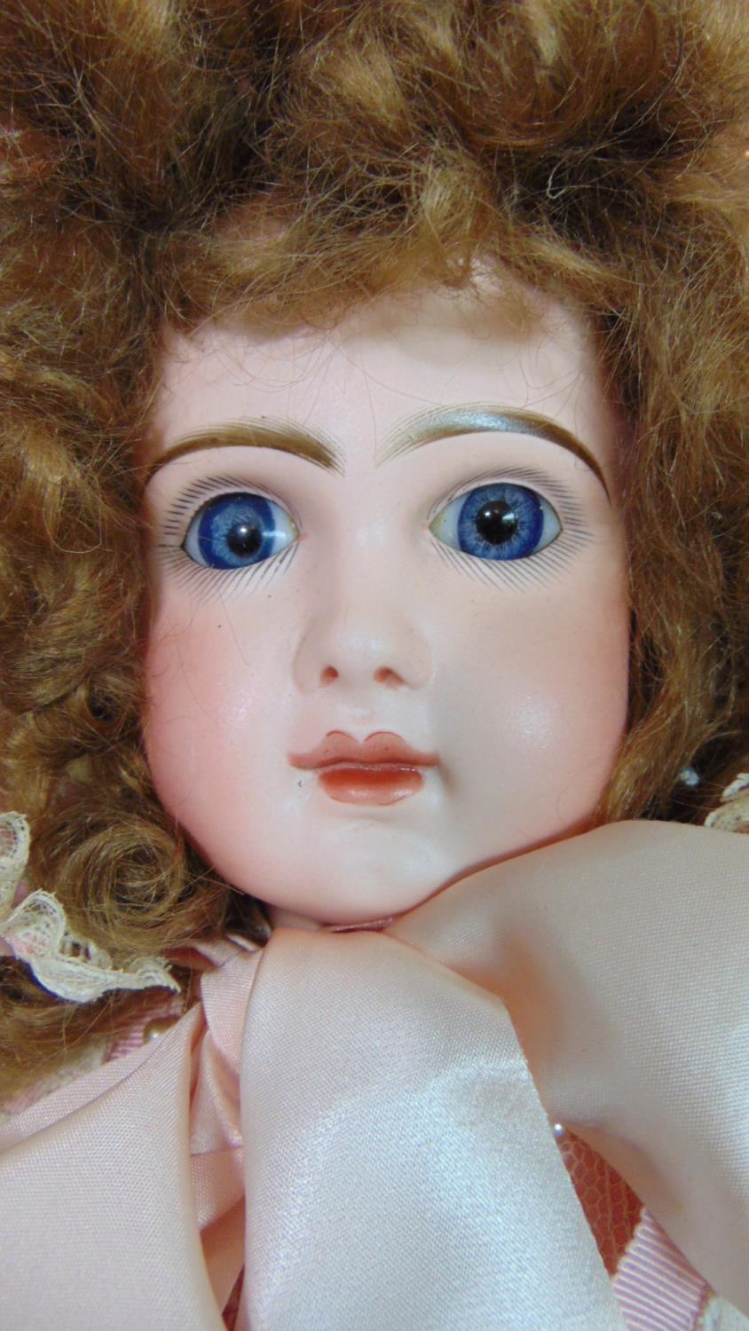 Bisque head doll with faint Jumeau makers mark and number '8' in red; fixed blue eyes, closed mouth, - Image 2 of 6