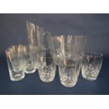 A good quality collection of engraved glassware including jug, bowl and six glasses each decorated