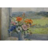20th century British school - Still life with vase of summer flowers on a windowsill, with distant