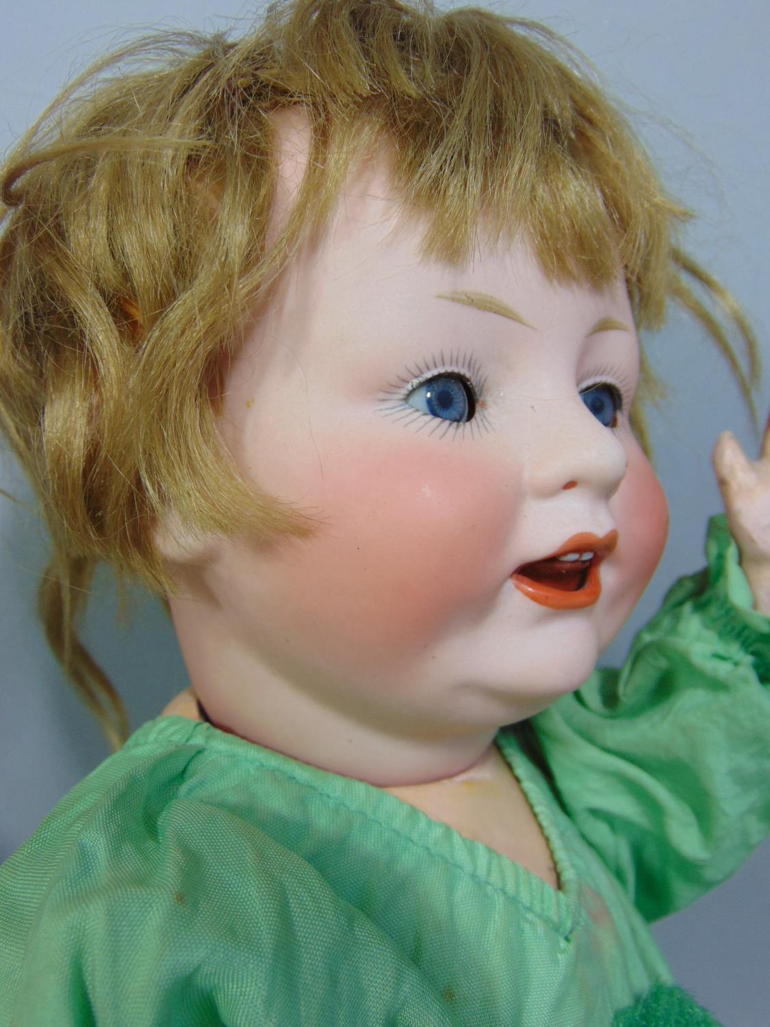 A Franz Schmidt bisque head character baby doll, with closing blue eyes and open mouth with two - Image 3 of 6