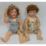 2 large German bisque head dolls with composition bodies and closing brown eyes, one by Kley &
