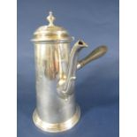 Silver chocolate pot, the body of cylindrical tapering form beneath a domed lid, with ebonised