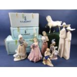 Three Lladro figures comprising a pair of nuns number 4611, a girl with hat number 5007 and a girl