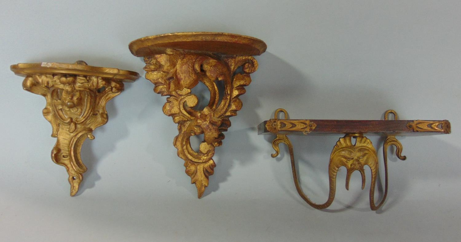 Two small 19th century gilded brackets, a further bracket with grotesque mark detail, a brass wall - Image 2 of 2