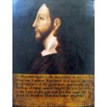 An unusual and early British school profile portrait of Christ, oil on wooden panel, inscribed