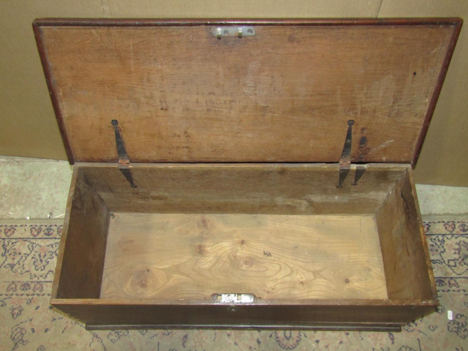 A 19th century oak and elm box with hinged lid, dovetail construction and drop side carrying - Image 2 of 4