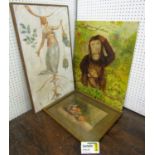 A collection of pictures and prints comprising an oil painting on board of a chimpanzee and young