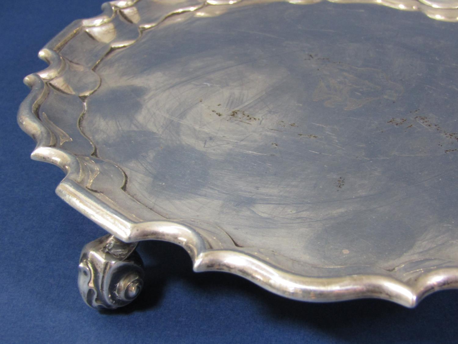 Georgian style silver salver with reeded and shaped borders raised on three scrolled supports with - Image 2 of 2